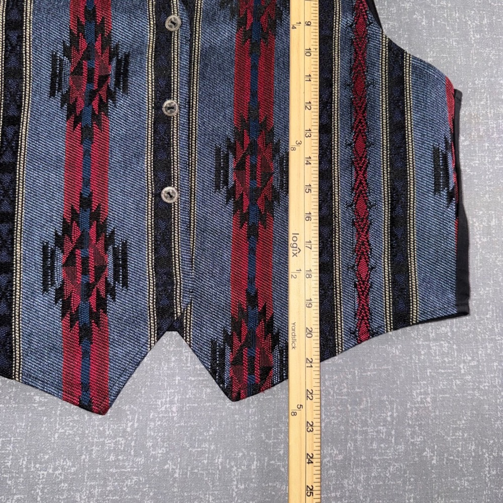 Vintage Southwestern Tapestry Vest Blue Red Geometric Button Front Waistcoat - Picture 3 of 9